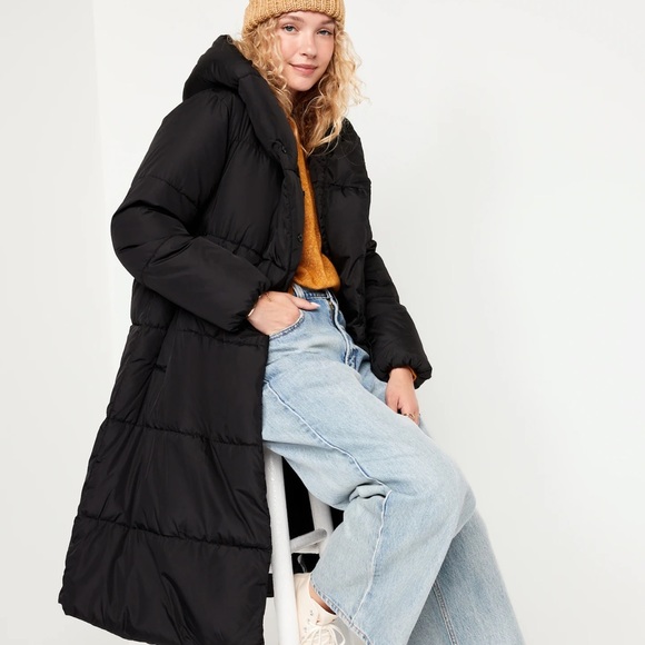 NWT OLD NAVY Water-Resistant Long Hooded Puffer Coat Color: Black Jack - Picture 3 of 5